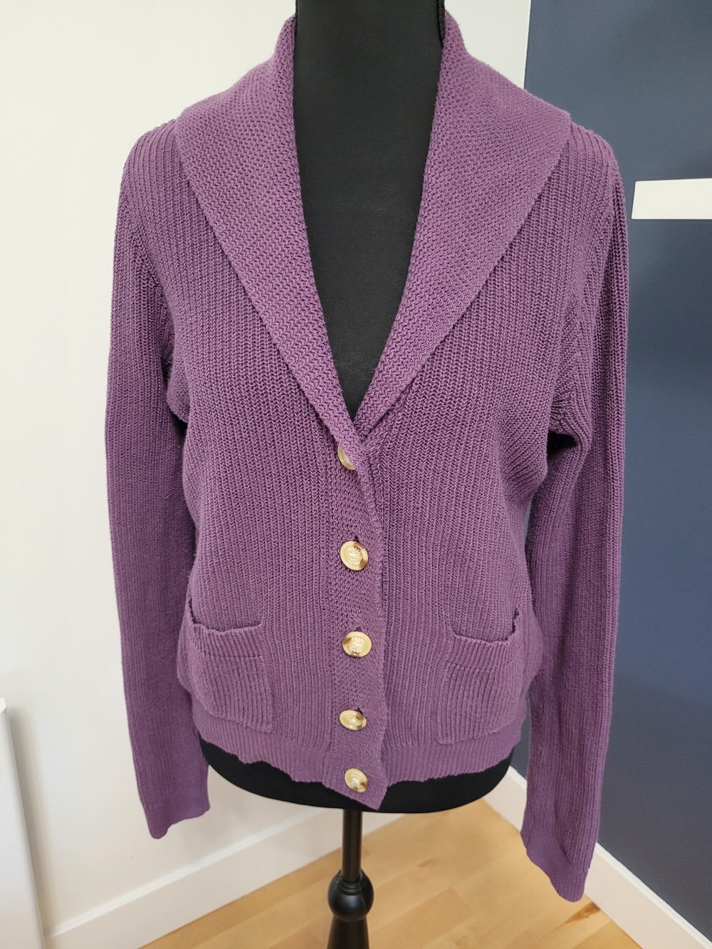 Chaps Purple Shawl Collar Waffle Knit Cardigan Sweater Size M 100% Cotton Fair +